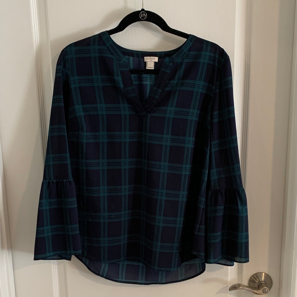 J. Crew Navy and Teal Plaid Blouse